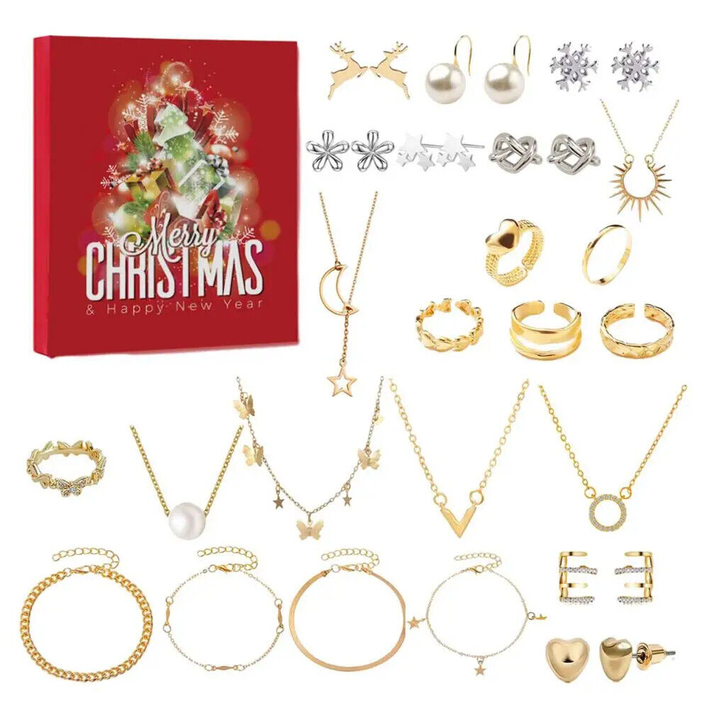 HABO Adventskalender Schmuck 8 Ohrringe 6 Ketten 6 Ringe 4 Armbänder Weihnachten