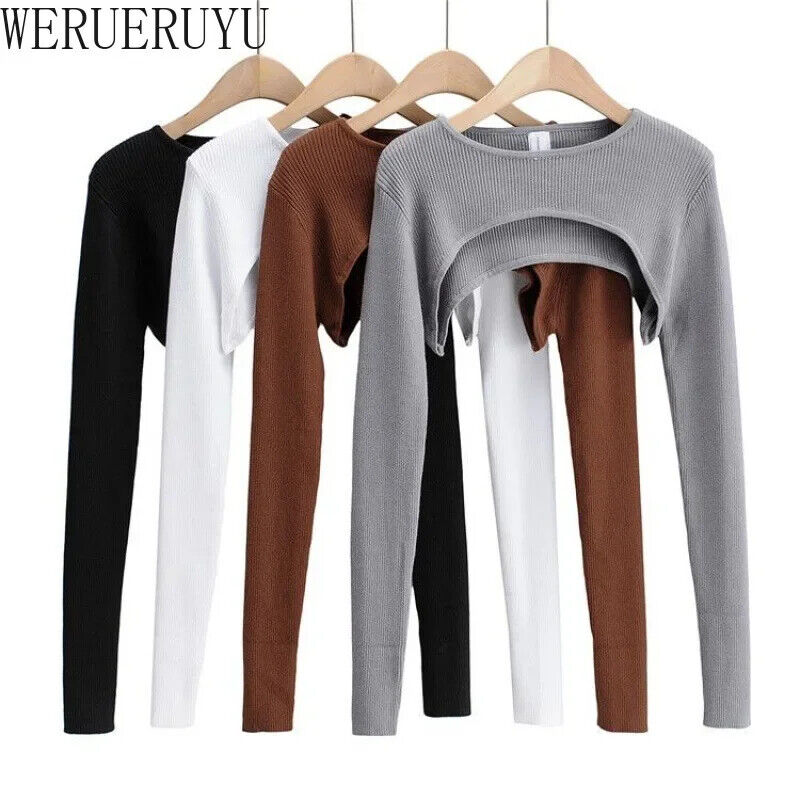 Langarm Crop Top Bauchfrei Frauen Frühling Herbst O-Ausschnitt Gestrickt T-Shirt