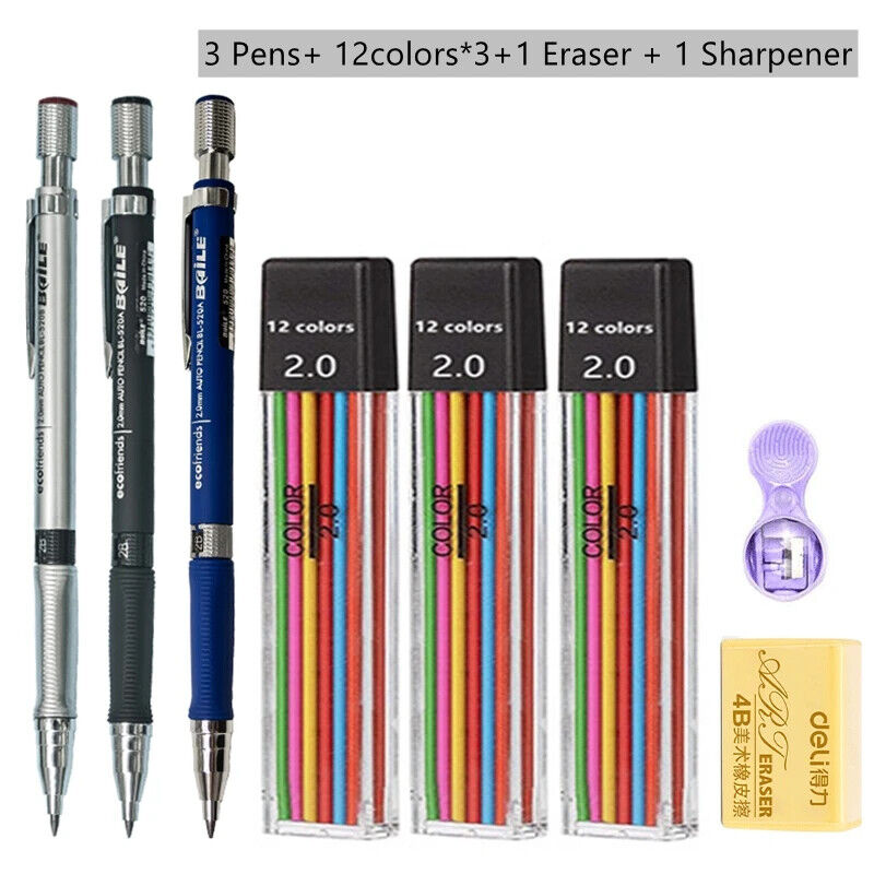 HABO Druckbleistift-Set 2,0 mm – Schwarze & Farbminen zum Schreiben, Zeichnen