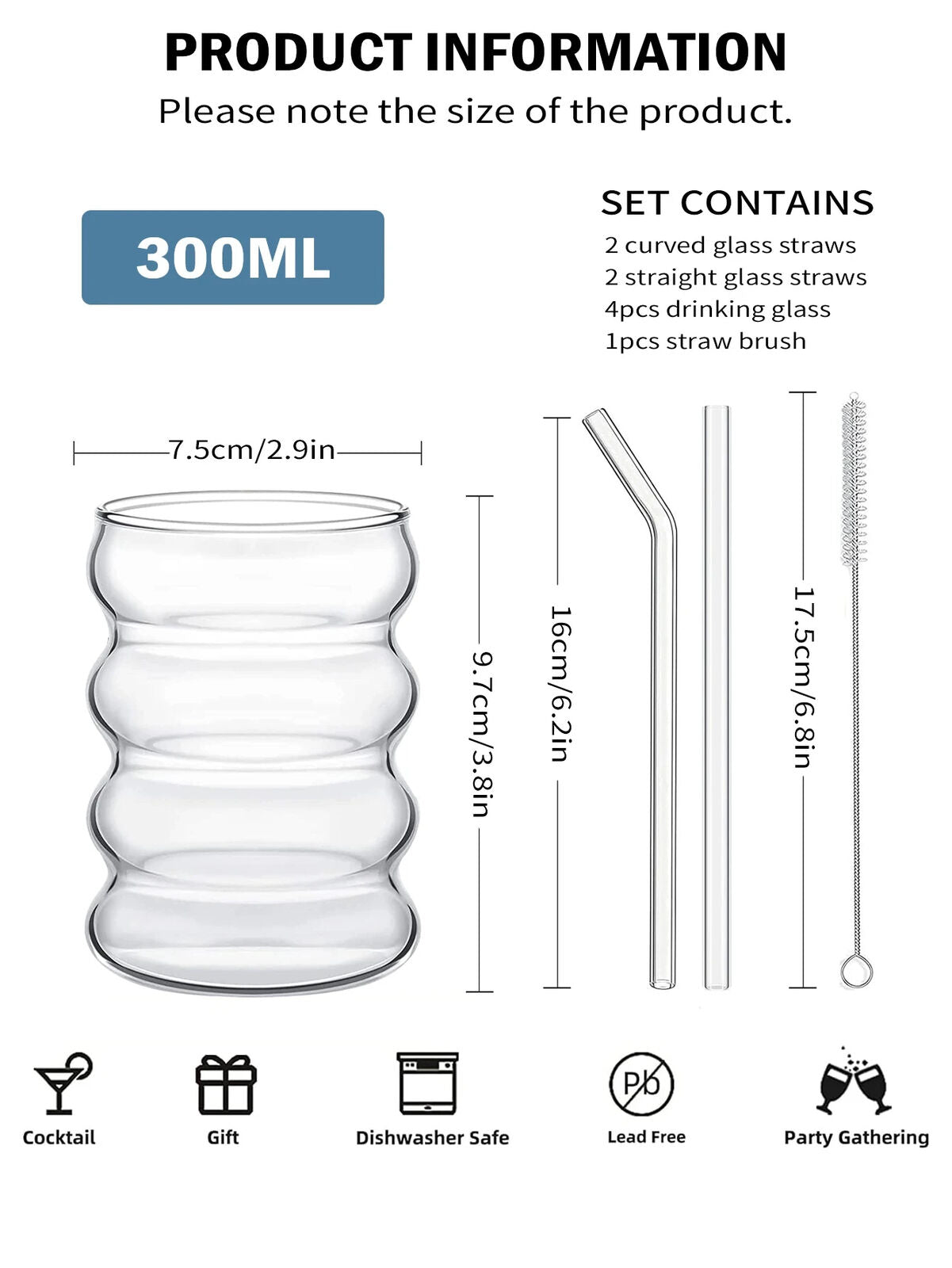HABO 4-teiliges Kreatives Glasbecher-Set Kaffeetassen mit Strohhalmen