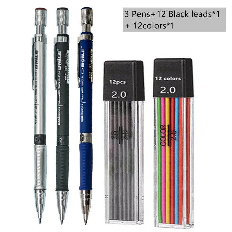 HABO Druckbleistift-Set 2,0 mm – Schwarze & Farbminen zum Schreiben, Zeichnen