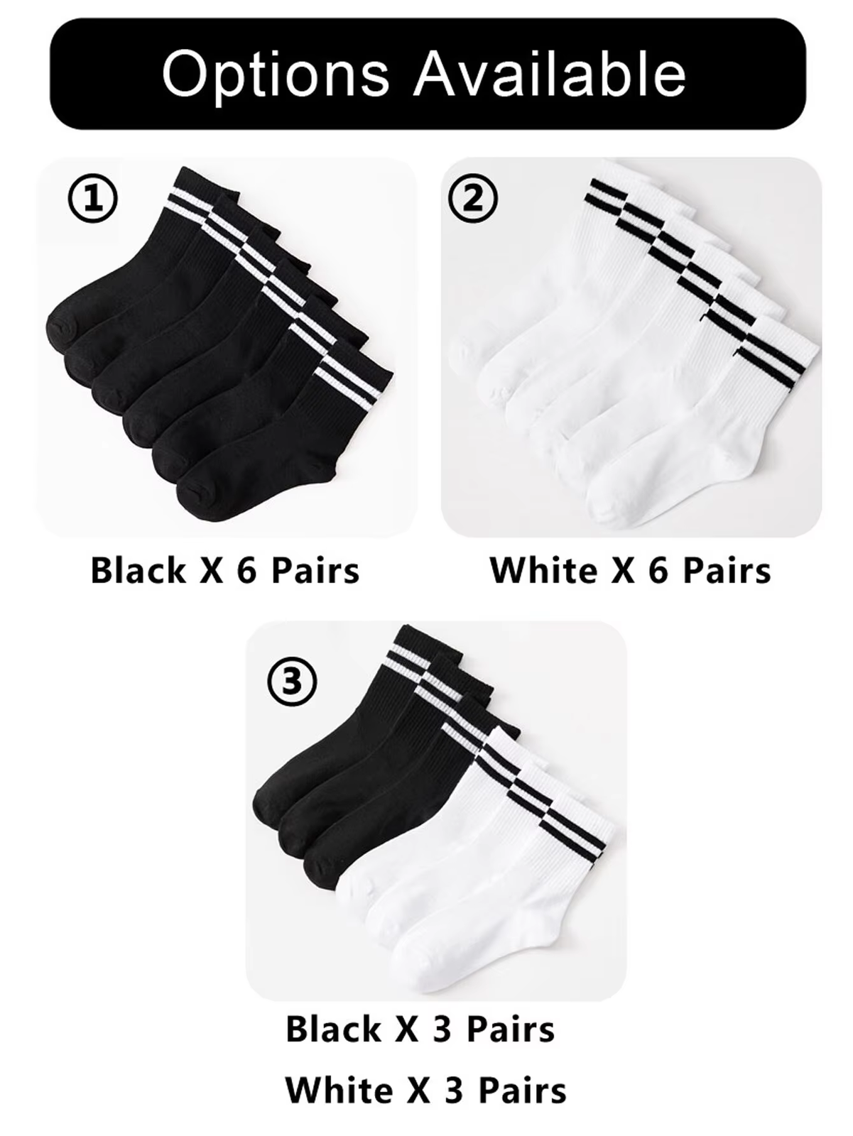 HABO 6 Paar Socken Weiß Schwarz Hoch Tennis Sport Mit Streifen Bequem Trendy 