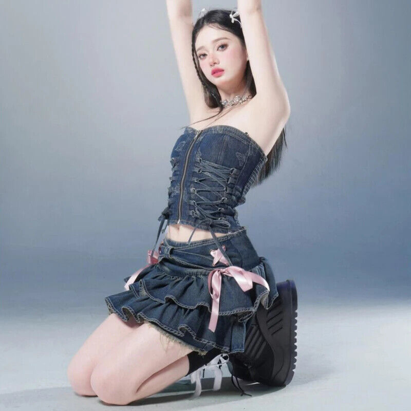 Mini Jeansrock Damen Süß mit Schleife Vintage Koreanisch Korea Style Streetwear