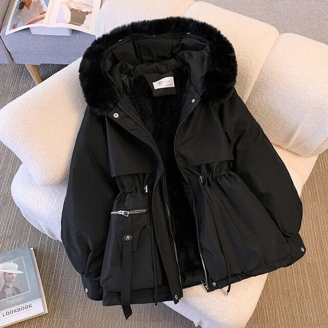 Damen Wintermantel Parka Winterjacke Kragen Gefüttert Kapuze Lang Braun Schwarz