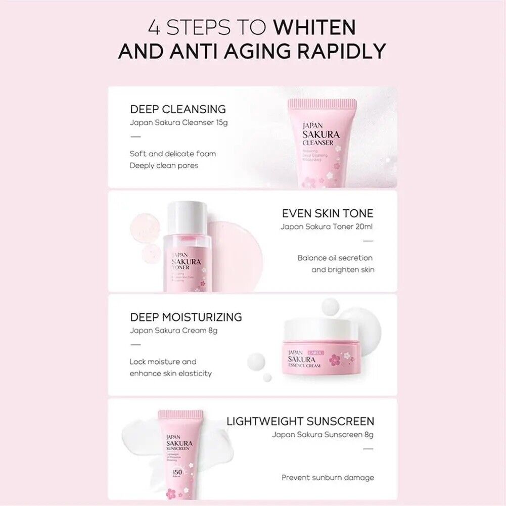 Sakura Skincare Japanisch Reiseset 4tlg SPF50 Sonnencreme Toner Cleanser Geschen