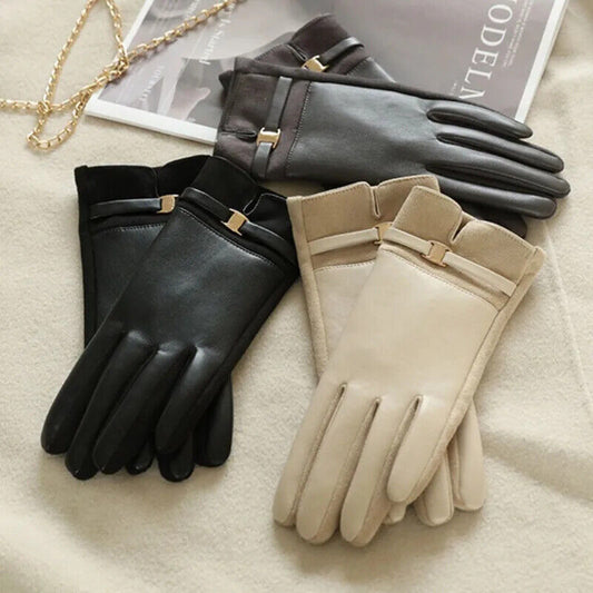 HABO Damen Handschuhe mit Schnalle Winter Kunstleder Warm Touchscreen Mode Elega