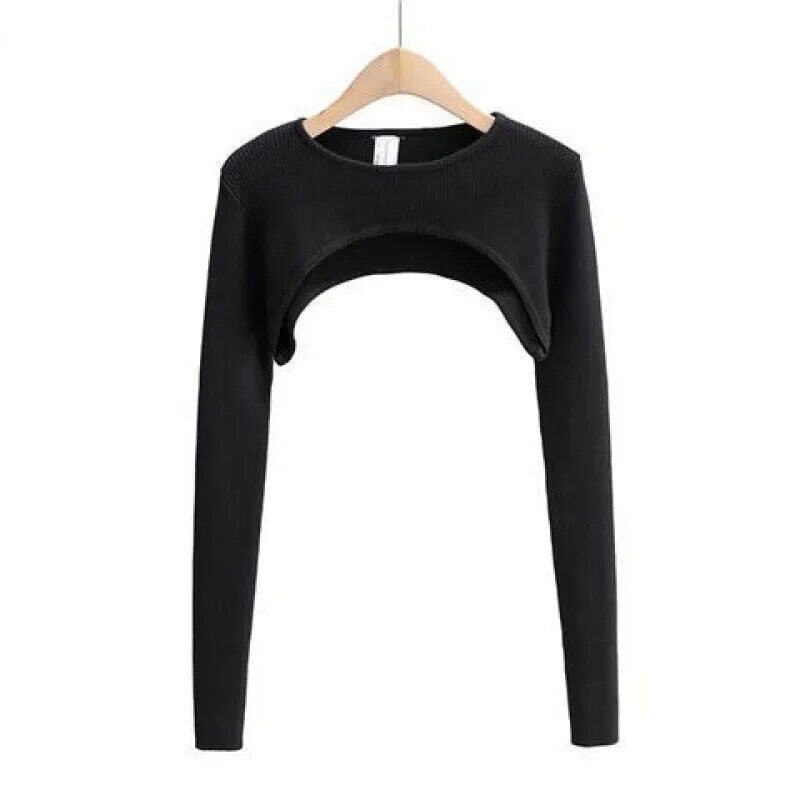 Langarm Crop Top Bauchfrei Frauen Frühling Herbst O-Ausschnitt Gestrickt T-Shirt