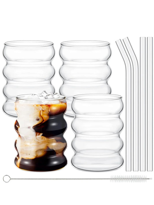 HABO 4-teiliges Kreatives Glasbecher-Set Kaffeetassen mit Strohhalmen