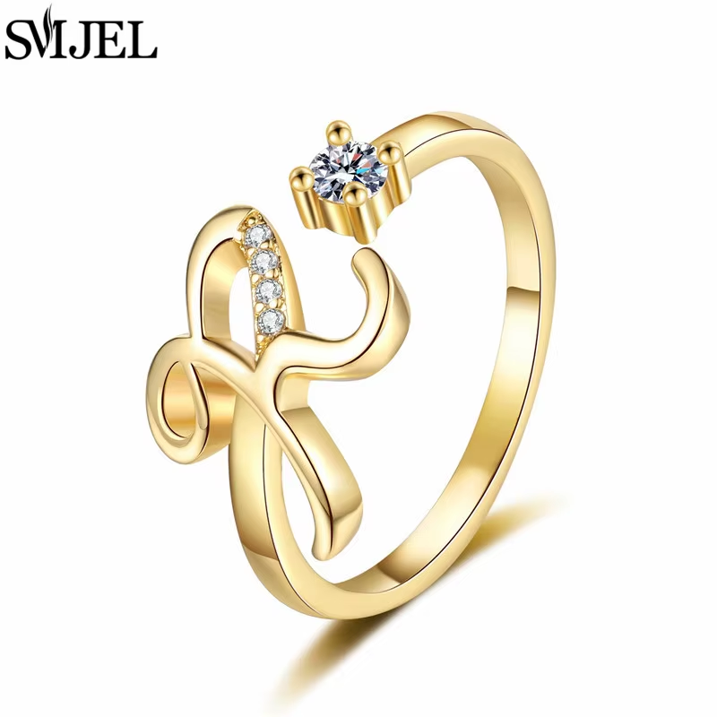 Gold Silber Buchstaben Ring Kunstdiamanten A-Z Für Frauen Verstellbar Geschenk