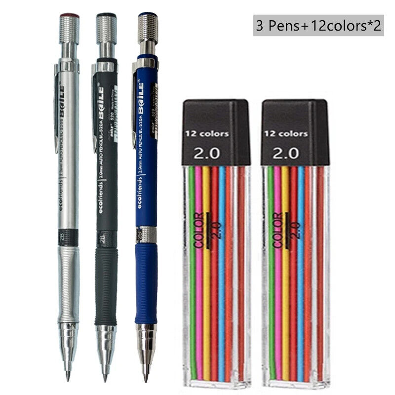 HABO Druckbleistift-Set 2,0 mm – Schwarze & Farbminen zum Schreiben, Zeichnen