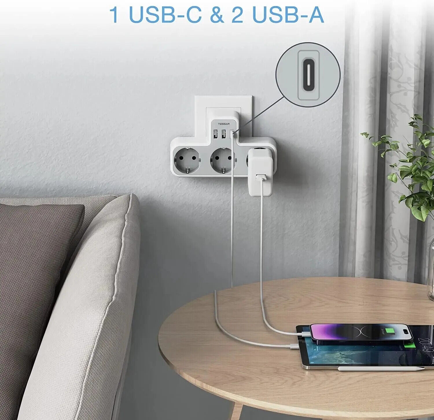Mehrfachsteckdose praktische Wandsteckdose Steckerleiste anliegend Ac+Usb+TypC