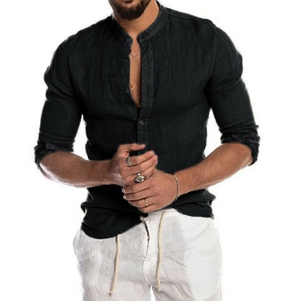 Leinen Hemd Herren Baumwolle Leinen Langarm Urlaubs Shirts Sommer Stehkragen