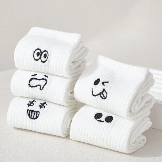 HABO 5 Paare Emoji Weiße Socken Lustige Gesichter Tennissocken Kawaii Mädchen
