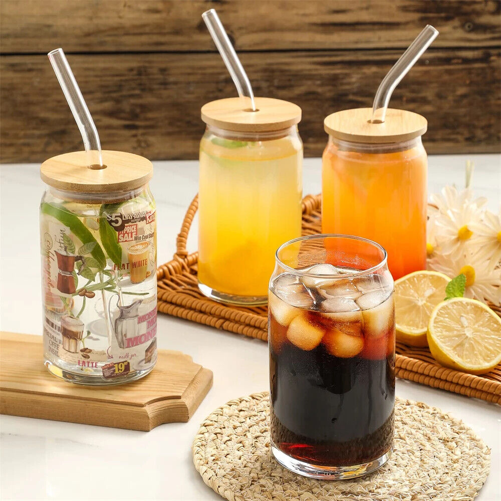 HABO 350Ml/550Ml Glas Becher Mit Deckel Und Strohhalm Kaffee Matcha Bambus 