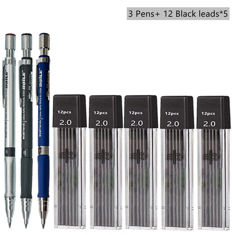 HABO Druckbleistift-Set 2,0 mm – Schwarze & Farbminen zum Schreiben, Zeichnen