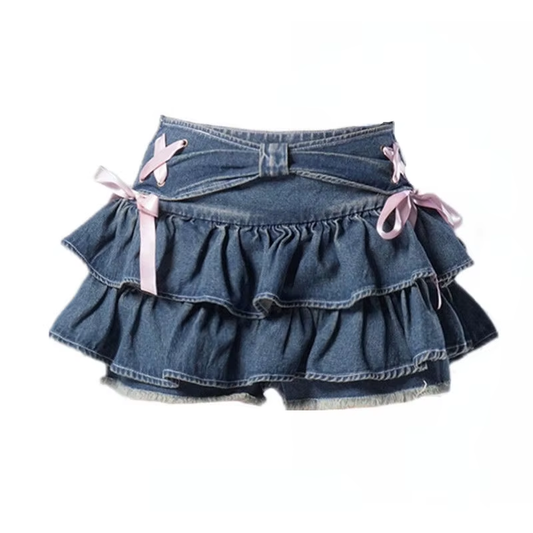 Mini Jeansrock Damen Süß mit Schleife Vintage Koreanisch Korea Style Streetwear