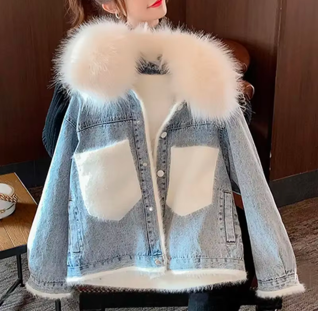 Jeans Jacke Korean Style Koreanische Übergangsjacke Winterjacke mit Pelz flausch