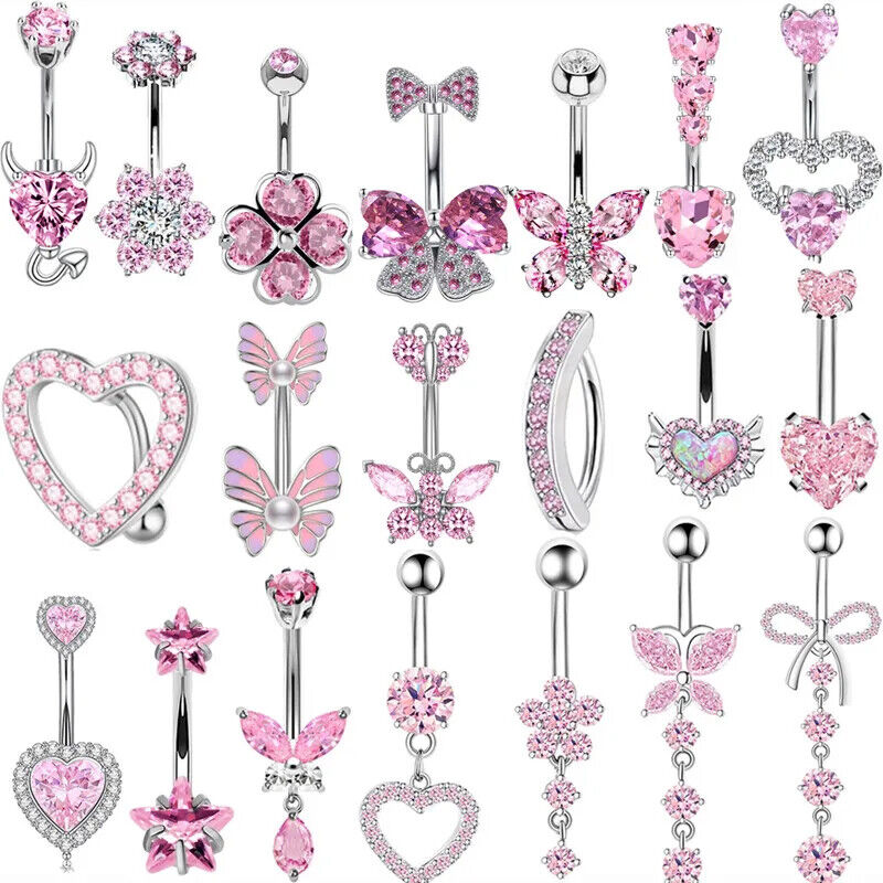 HABO Bauchnabelpiercing Rosa Damen Silber Herz Glitzer Frauen Schleife Schmuck