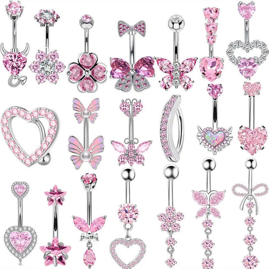 HABO Bauchnabelpiercing Rosa Damen Silber Herz Glitzer Frauen Schleife Schmuck