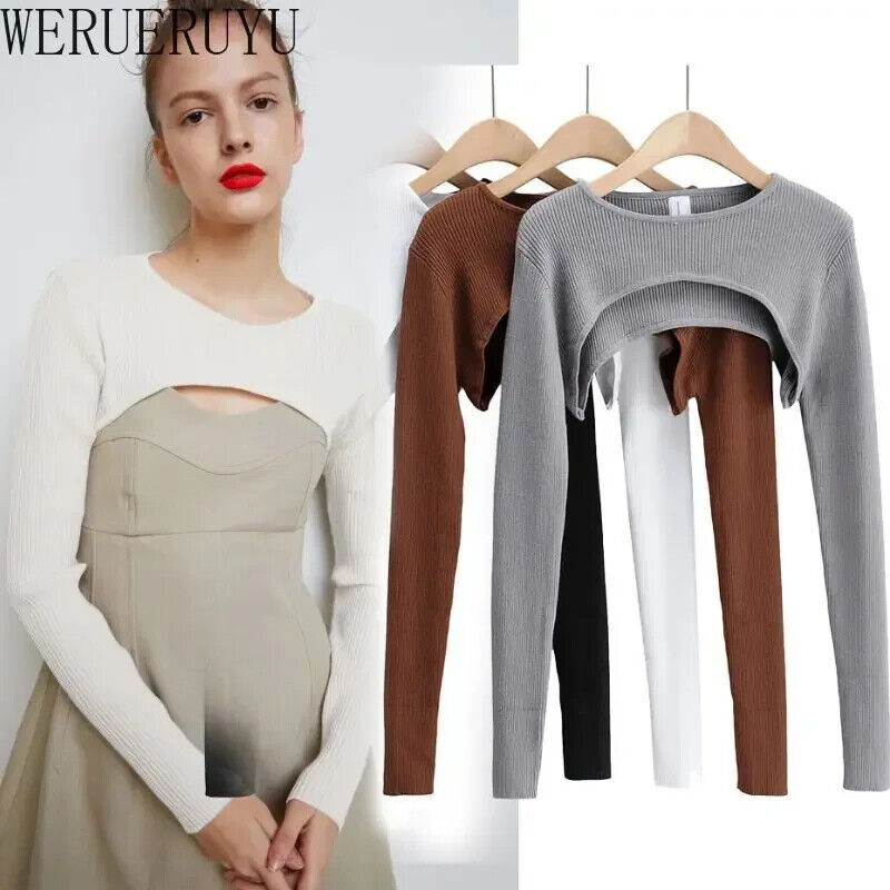 Langarm Crop Top Bauchfrei Frauen Frühling Herbst O-Ausschnitt Gestrickt T-Shirt