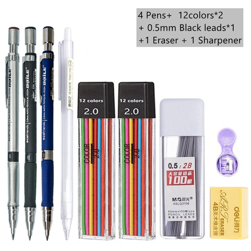 HABO Druckbleistift-Set 2,0 mm – Schwarze & Farbminen zum Schreiben, Zeichnen