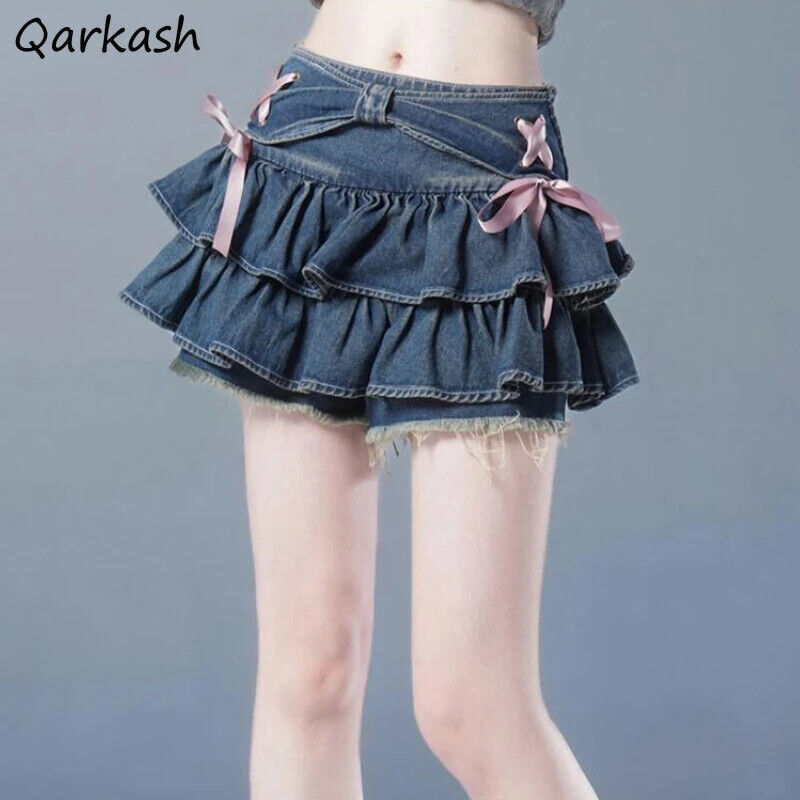 Mini Jeansrock Damen Süß mit Schleife Vintage Koreanisch Korea Style Streetwear