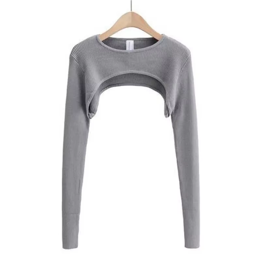 Langarm Crop Top Bauchfrei Frauen Frühling Herbst O-Ausschnitt Gestrickt T-Shirt